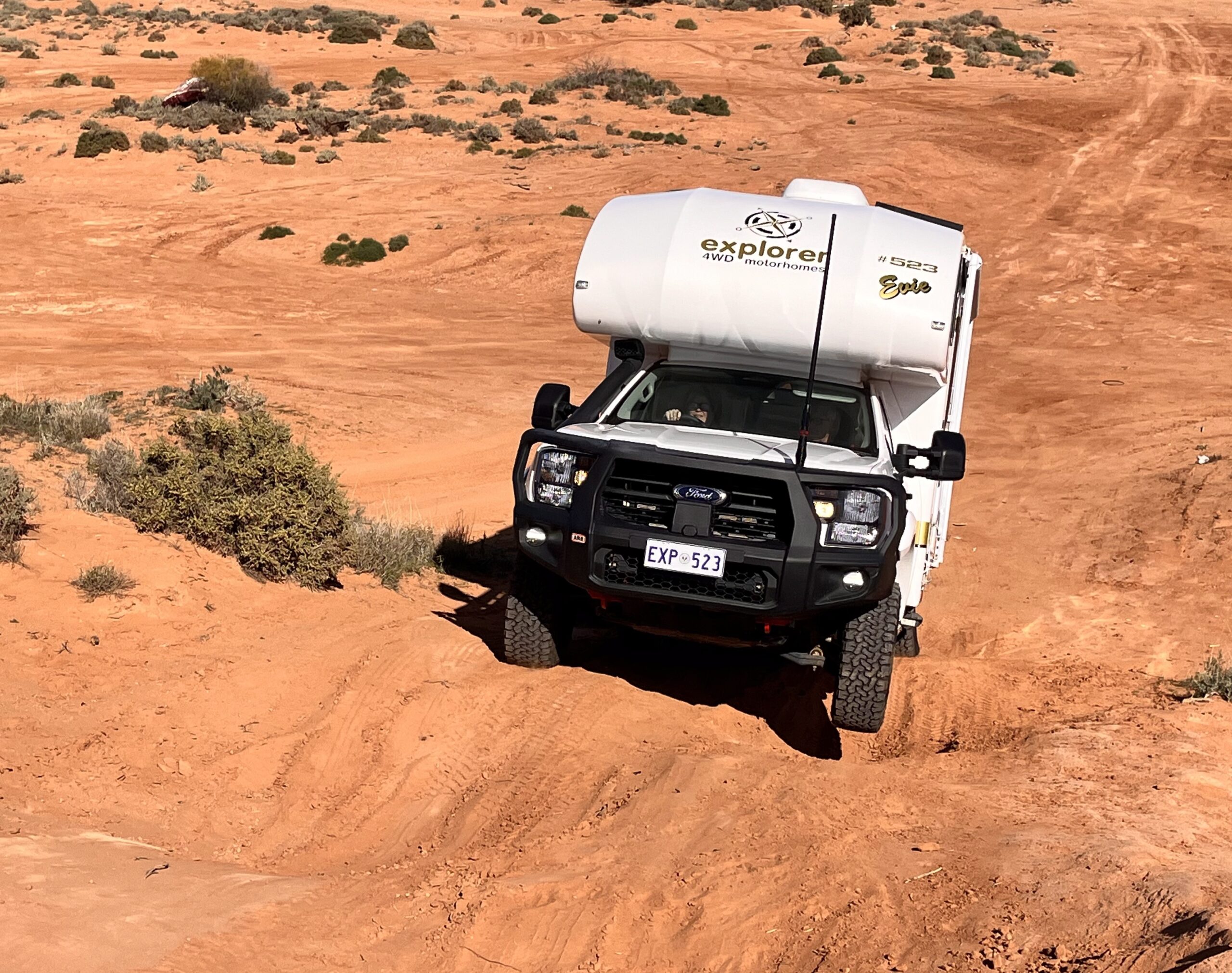 4WD Motorhome driver training in steep scalloped Sandy terrain